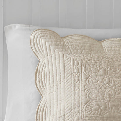 3 Pc Antimicrobial Cream Reversible Scalloped Edge Quilt Set HouseOfZazla, cream quilt with border on Tampa Home & Garden Store