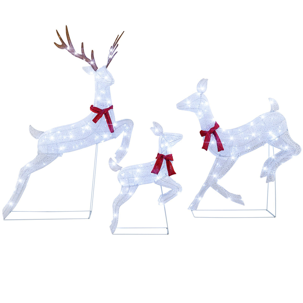 3-Piece Christmas Pre-Lit Lighted Reindeer Family Set by DirectDeals, white illuminated reindeer with red bows on Tampa Home & Garden Store