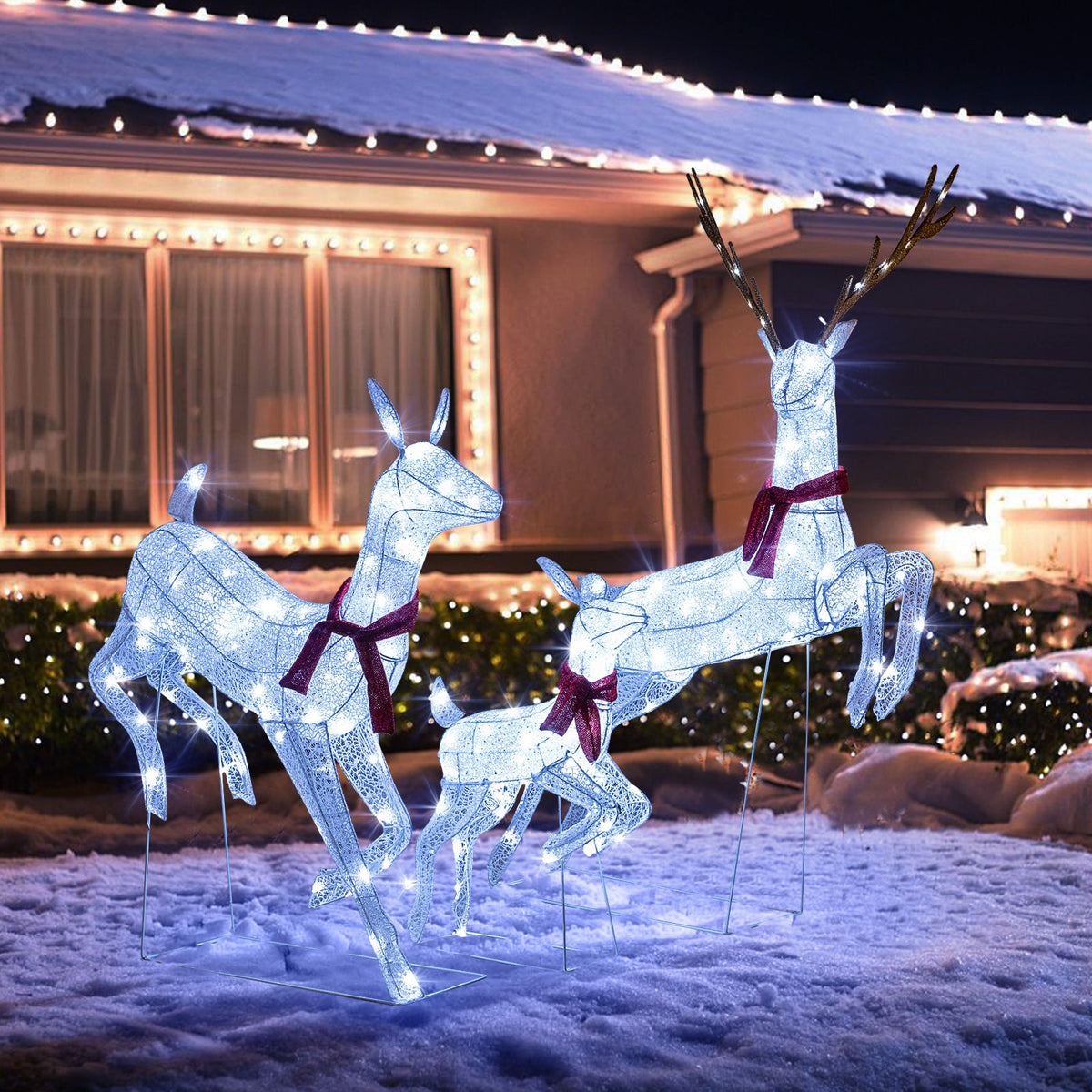 3-Piece Christmas Pre-Lit Reindeer Family Set, white LED wireframe deer with red bows on Tampa Home & Garden Store