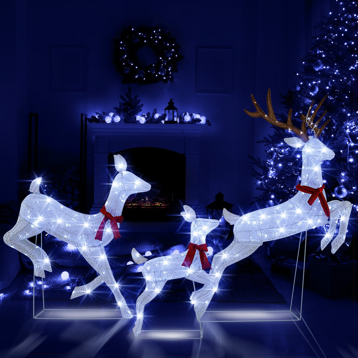 3-Piece Christmas Reindeer Set: white LED figures with red bows for indoor display on Tampa Home & Garden Store