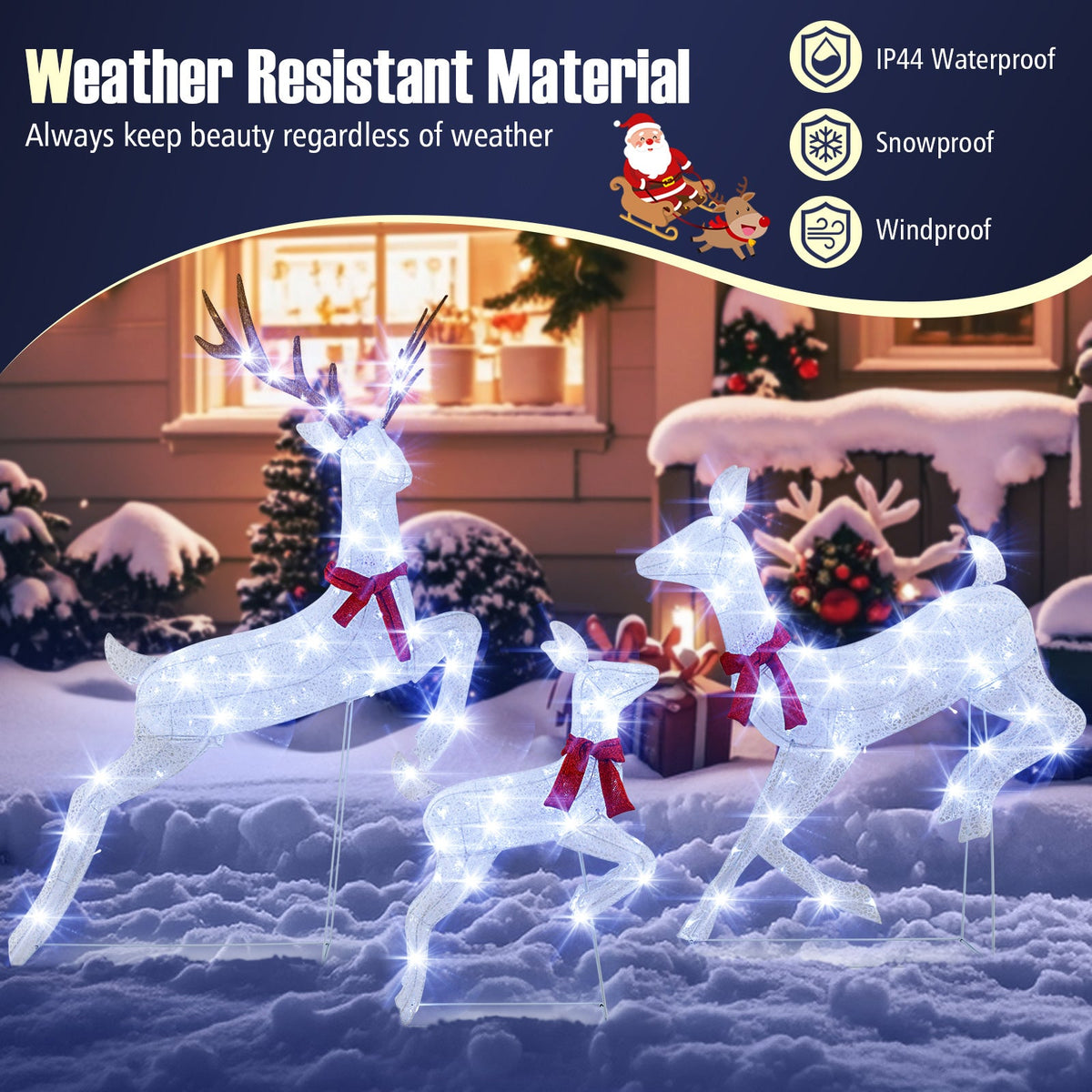 3-Piece Christmas Pre-Lit Reindeer Family Set, white LED figures with red bows on Tampa Home & Garden Store
