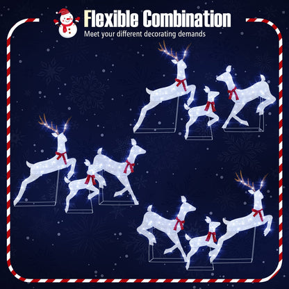 3-Piece Christmas Pre-Lit Lighted Reindeer Set with white LED, red bows on navy backdrop on Tampa Home & Garden Store