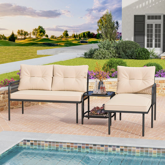 3-Piece L Shaped Patio Furniture Set PE Rattan Sectional Sofas-Beige - Tampa Home & Garden Store