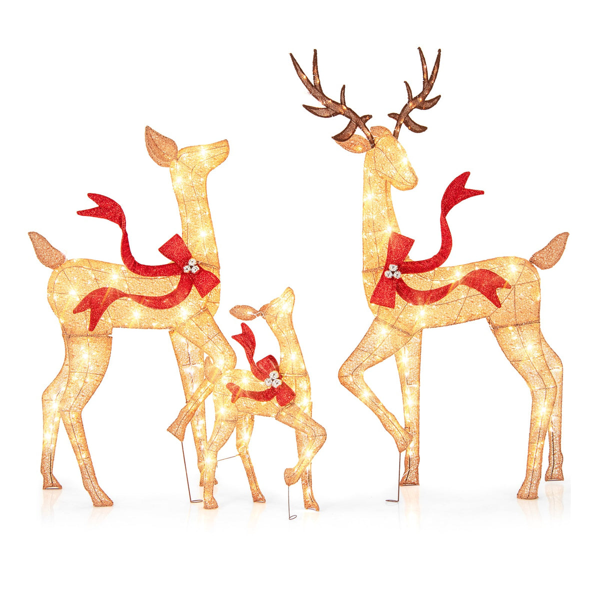 3-Piece Pre-Lit Christmas Deer Family Set by DirectDeals, three golden deer silhouettes with warm lights and red ribbons on Tampa Home & Garden Store