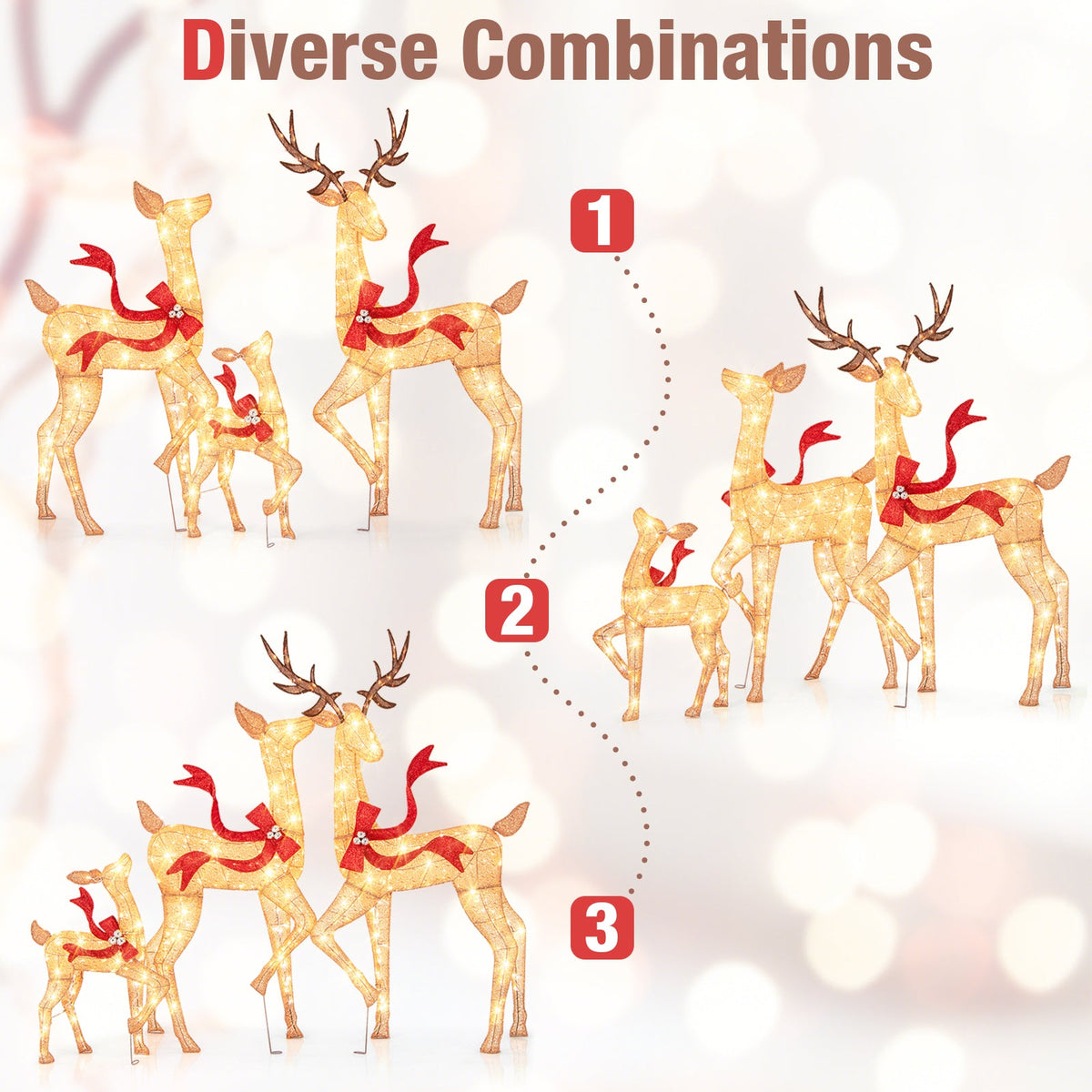 3-Piece Pre-Lit Christmas Deer Family Set DirectDeals, golden reindeer with warm-white lights on Tampa Home & Garden Store