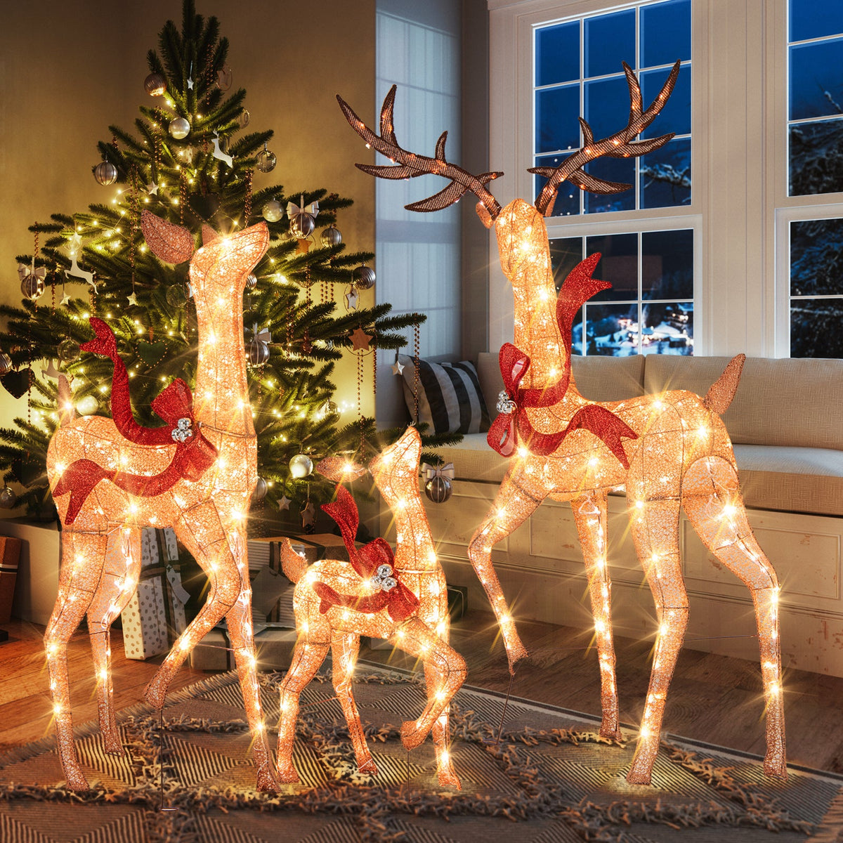 3-Piece Pre-Lit Christmas Deer Family Set orange reindeer with red bows and warm lights on Tampa Home & Garden Store