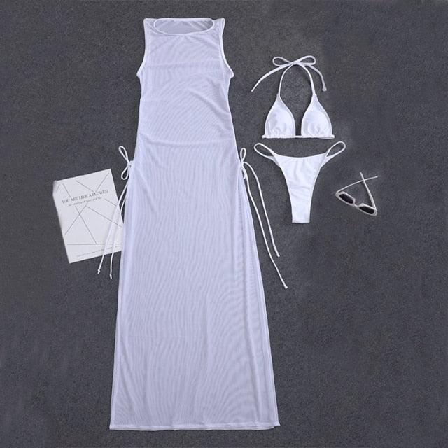 3-piece white Stevvex bikini cover-up set with high-neck maxi dress and triangle top bottom on Tampa Home & Garden Store