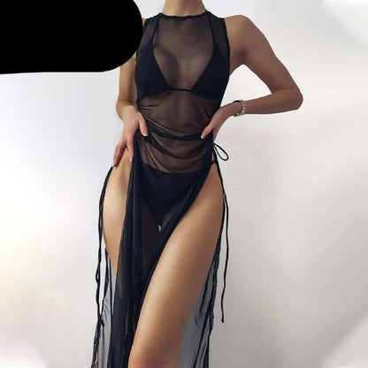 Swimsuit cover-up set in black, 3-piece sheer mesh with high-neck top and side-slit skirt on Tampa Home & Garden Store
