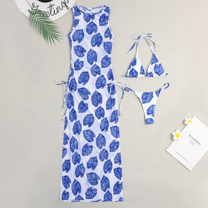 3-piece Stevvex swimsuit cover-up set white with blue leaf print on Tampa Home & Garden Store