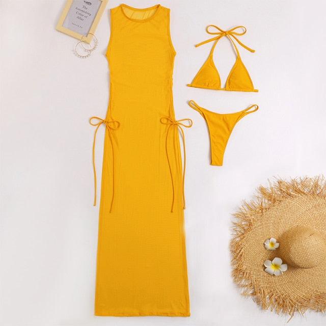 Stevvex yellow 3-piece swimwear: highneck cover-up maxi with ties, bikini top and bottom on Tampa Home & Garden Store