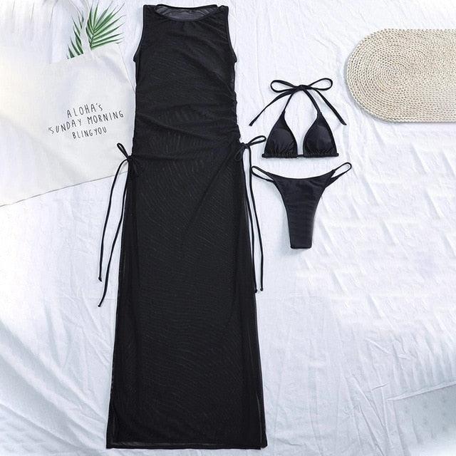 3-piece black Stevvex swimwear set STBK491BNM: high-neck cover-up, triangle top, high-cut bottom on Tampa Home & Garden Store
