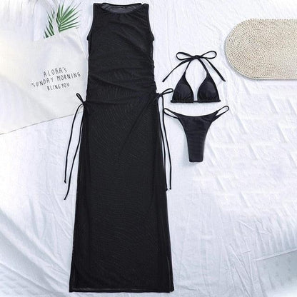 3-piece black Stevvex swimwear set STBK491BNM: high-neck cover-up, triangle top, high-cut bottom on Tampa Home & Garden Store