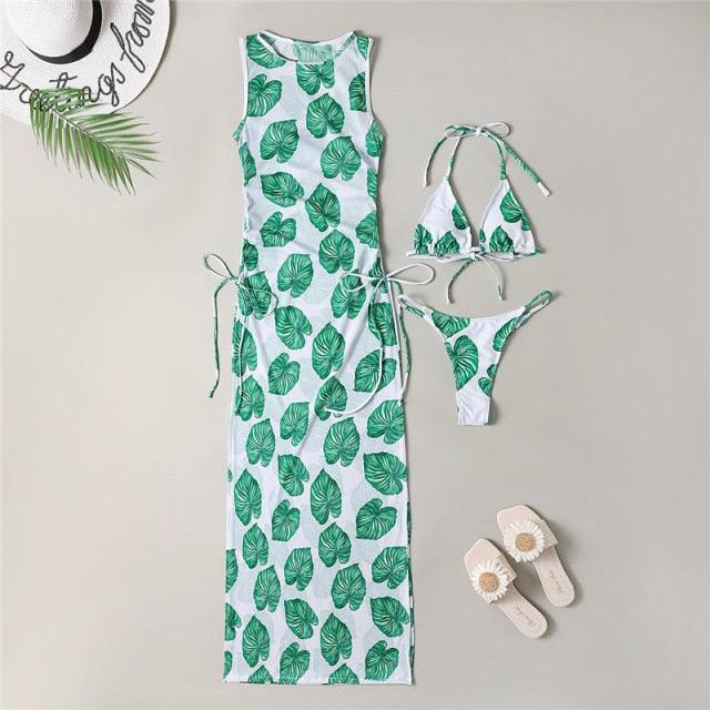 3-piece tropical leaf swimwear: white maxi cover-up with green leaf print and bikini on Tampa Home & Garden Store