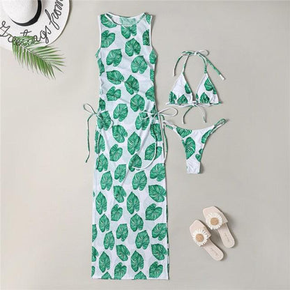3-piece tropical leaf swimwear: white maxi cover-up with green leaf print and bikini on Tampa Home & Garden Store