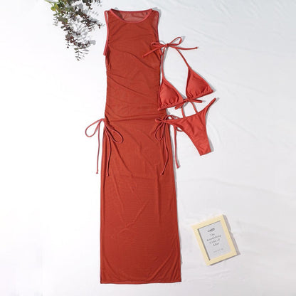 3-piece red swimwear set: maxi dress cover-up and triangle bikini with tie sides on Tampa Home & Garden Store
