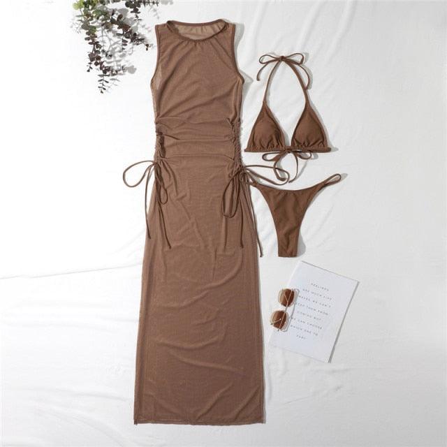 3-piece brown swimwear cover-up set Stevvex with maxi dress and bikini top/bottom on Tampa Home & Garden Store