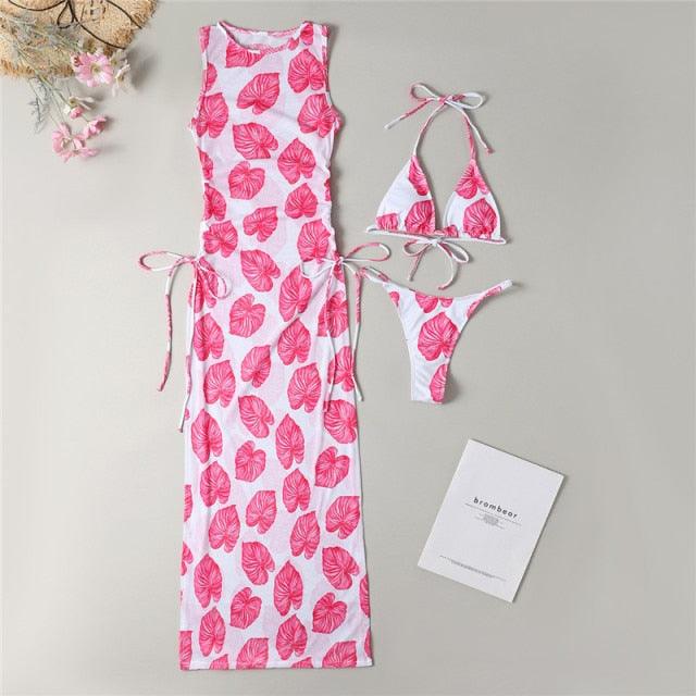 Stevvex 3-piece beachwear set: white leaf-print cover-up and pink bikini triangle halter on Tampa Home & Garden Store