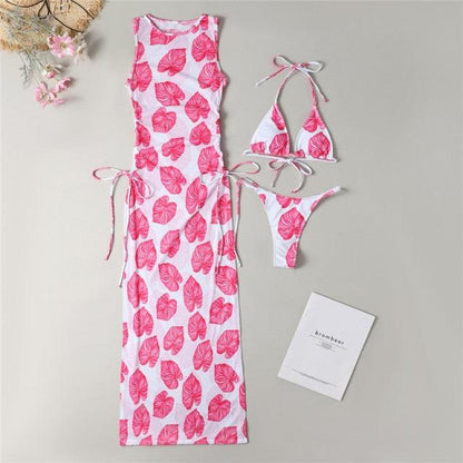 Stevvex 3-piece beachwear set: white leaf-print cover-up and pink bikini triangle halter on Tampa Home & Garden Store