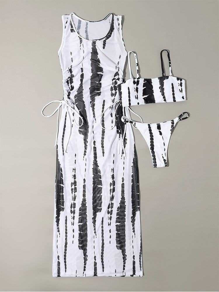 3-piece swimsuit cover-up set by Stevvex in black-white tie-dye with maxi dress and bikini on Tampa Home & Garden Store