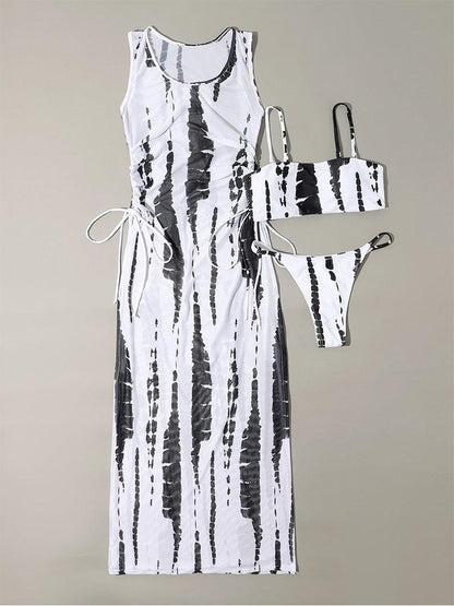 3-piece swimsuit cover-up set by Stevvex in black-white tie-dye with maxi dress and bikini on Tampa Home & Garden Store