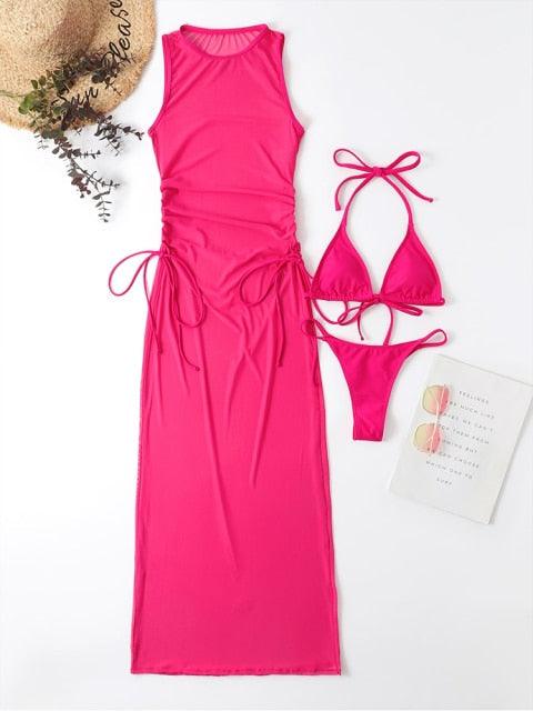 Stevvex pink 3-piece swimsuit cover-up set with high-neck maxi dress and halter triangle bikini on Tampa Home & Garden Store
