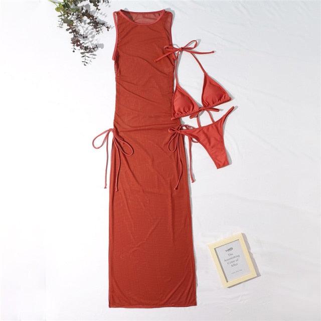 3-piece red swimsuit cover-up set with long high-neck dress and matching bikini by Stevvex on Tampa Home & Garden Store