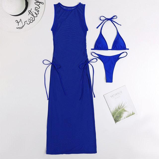 3-piece Stevvex blue swimsuit cover-up set with high-neck maxi dress and halter bikini on Tampa Home & Garden Store