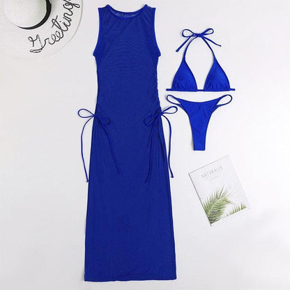 3-piece Stevvex blue swimsuit cover-up set with high-neck maxi dress and halter bikini on Tampa Home & Garden Store