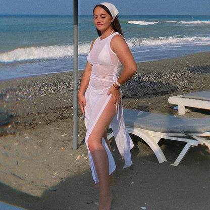 3-piece white swimsuit cover-up set with sheer high-neck top and wrap skirt on a beach model on Tampa Home & Garden Store