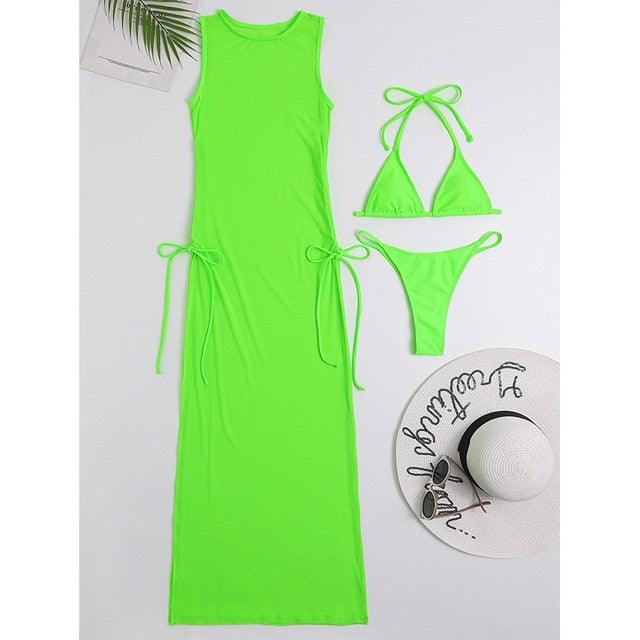 3-piece Stevvex neon lime bikini cover-up set: maxi dress with side ties and bikini top/bottom on Tampa Home & Garden Store