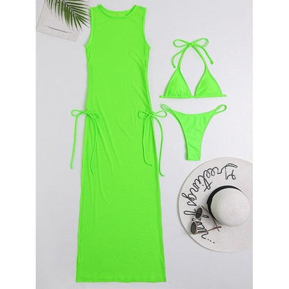 3-piece Stevvex neon lime bikini cover-up set: maxi dress with side ties and bikini top/bottom on Tampa Home & Garden Store