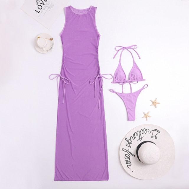 Stevvex purple 3-piece swimsuit cover-up set with high-neck maxi dress and bikini top/bottom on Tampa Home & Garden Store