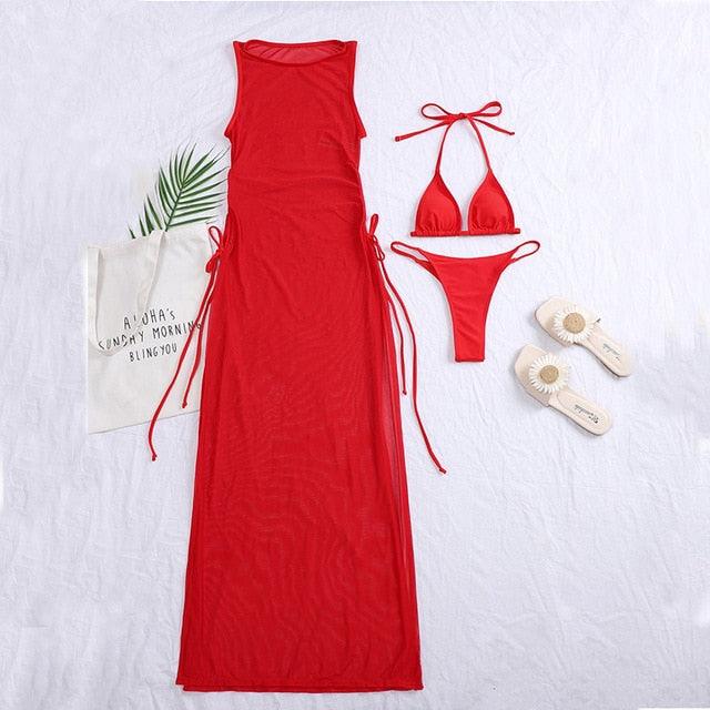 Stevvex 3-piece red swimsuit cover-up set with high-neck maxi dress and red bikini, and tote on Tampa Home & Garden Store