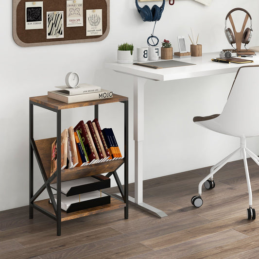 3-Tier Industrial Side Table with V-shaped Bookshelf for Living Room-Rustic Brown - Tampa Home & Garden Store