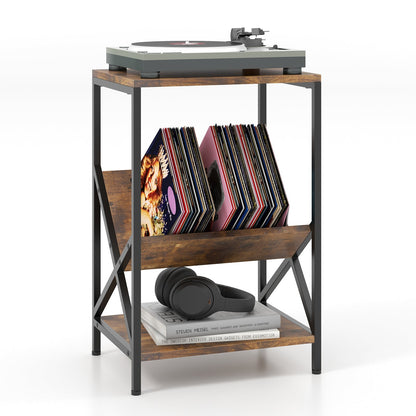 3-Tier Industrial Side Table with V-shaped Bookshelf for Living Room-Rustic Brown