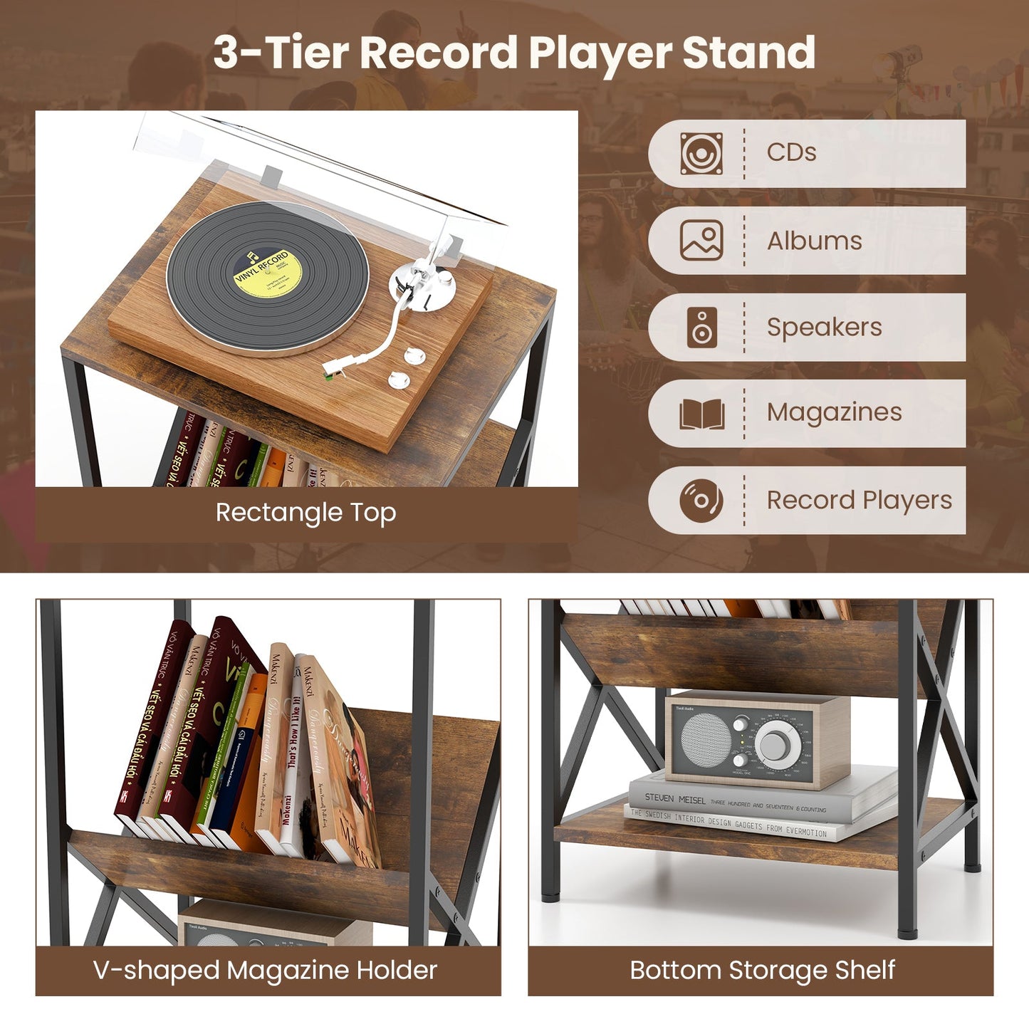 3-Tier Industrial Side Table with V-shaped Bookshelf for Living Room-Rustic Brown