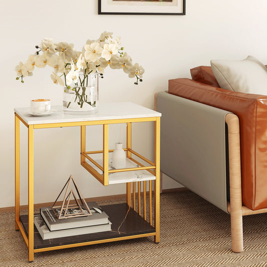 3-Tier Multi-function Marble End Table with Storage Shelf-Golden - Tampa Home & Garden Store