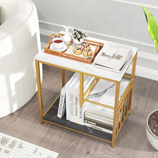 3-Tier Multi-function Marble End Table with Storage Shelf-Golden - Tampa Home & Garden Store
