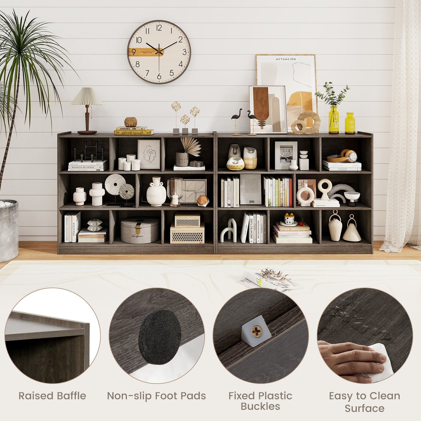 Estantería abierta de 3 niveles con 8 cubos, estantes de almacenamiento de pie, vitrina - Gris