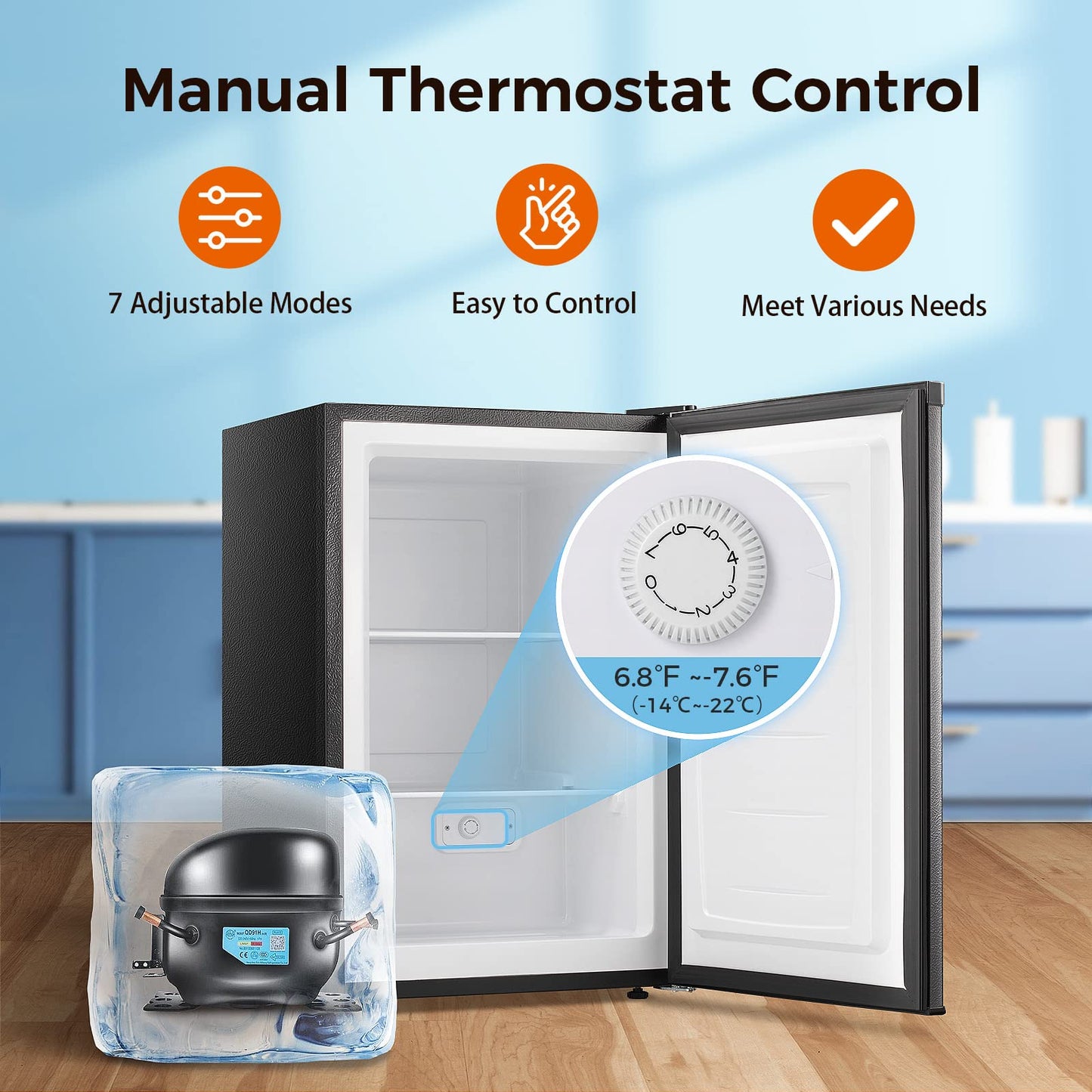 Congelador vertical Kismile, minicongelador de 3.0 pies cúbicos con puerta reversible simple 