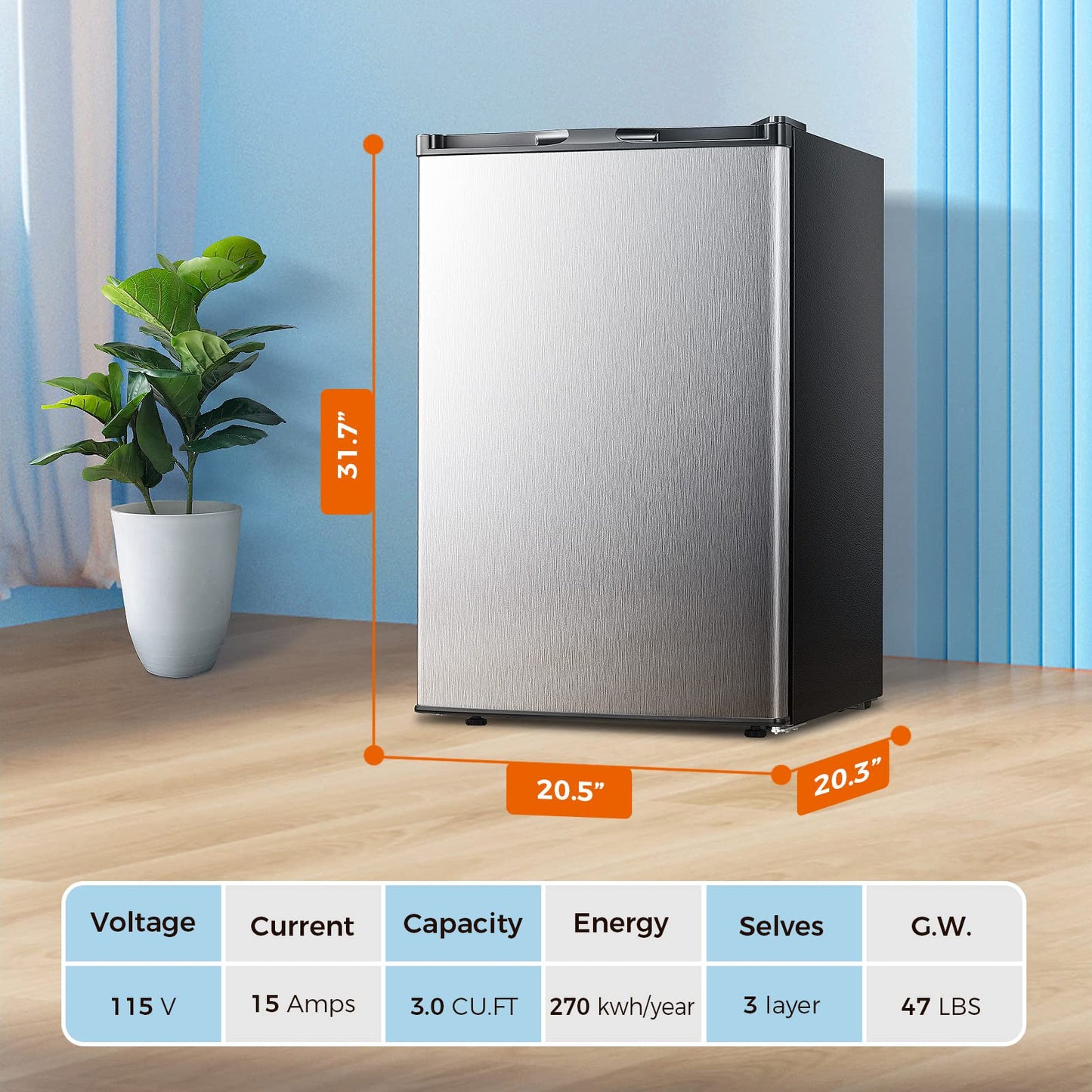 Congelador vertical Kismile, minicongelador de 3.0 pies cúbicos con puerta reversible simple 