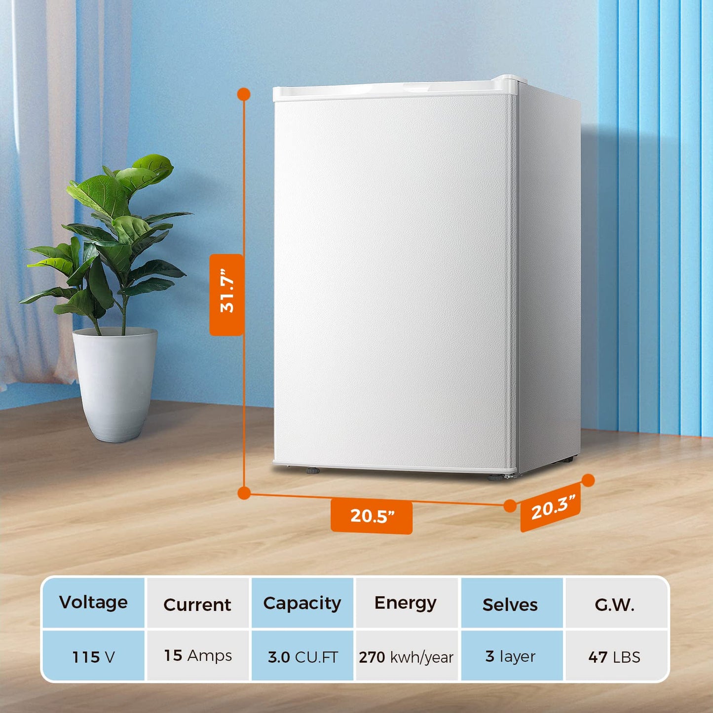 Congelador vertical Kismile, minicongelador de 3.0 pies cúbicos con puerta reversible simple 