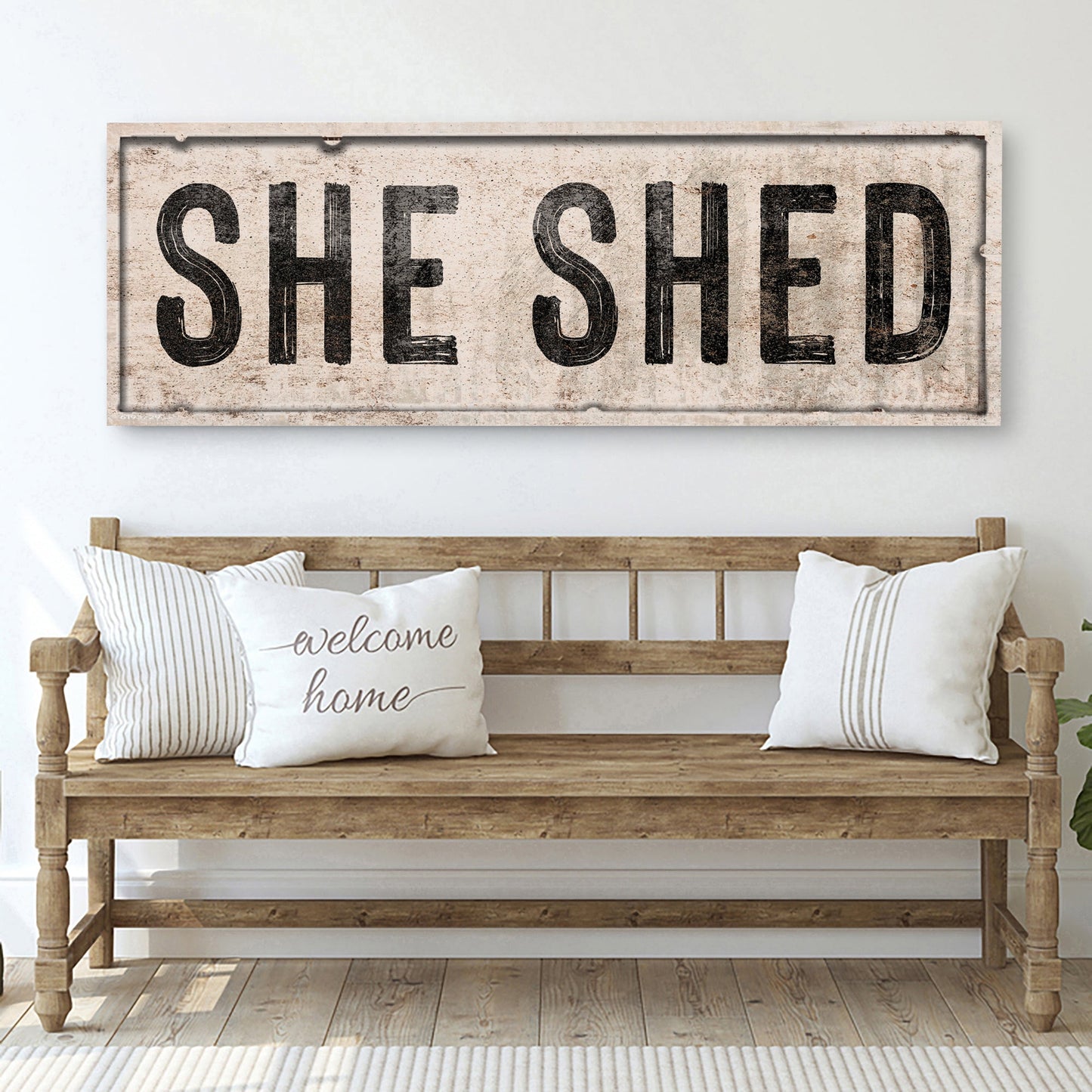 She Shed V canvas crafting sign with distressed rustic lettering Tailored Canvases on Tampa Home & Garden Store