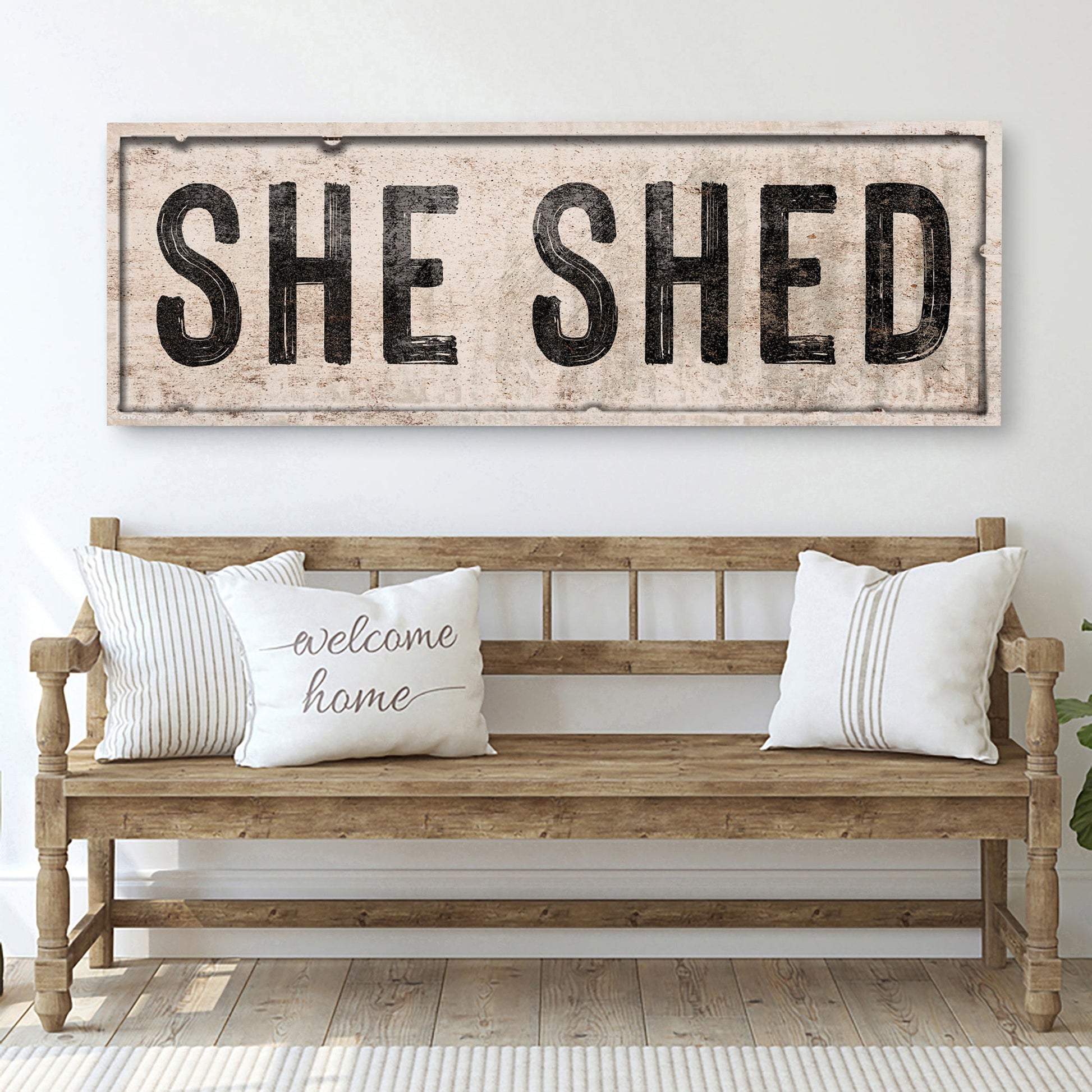 She Shed V canvas crafting sign with distressed rustic lettering Tailored Canvases on Tampa Home & Garden Store