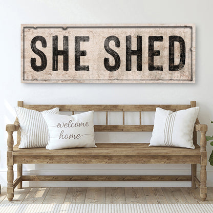 She Shed V canvas crafting sign with distressed rustic lettering Tailored Canvases on Tampa Home & Garden Store