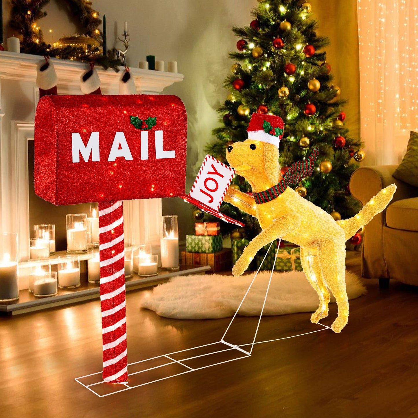 DirectDeals 3.5 ft Christmas Mail Box with Dog and 120 LED lights, red glitter mailbox on Tampa Home & Garden Store