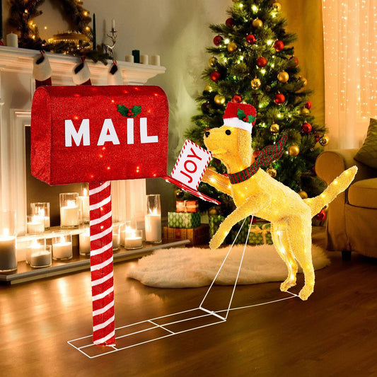 DirectDeals 3.5 ft Christmas Mail Box with Dog and 120 LED lights, red glitter mailbox on Tampa Home & Garden Store