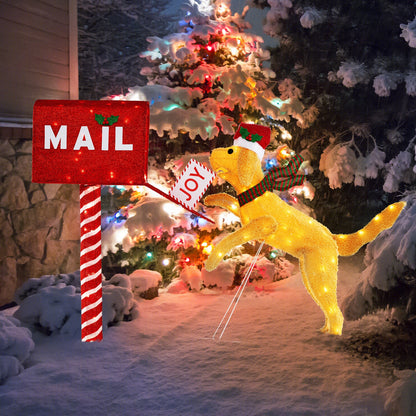 3.5 ft Christmas Mail Box with Dog, red glitter mailbox, 120 warm white LED lights DirectDeals on Tampa Home & Garden Store