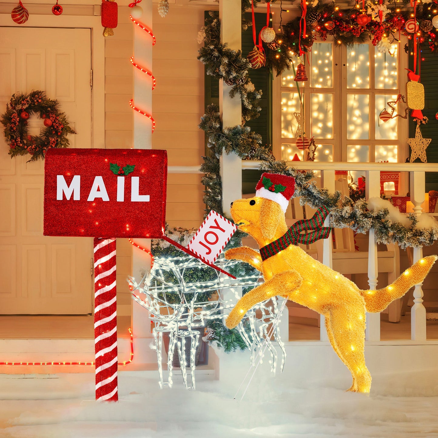 3.5 ft glitter red Christmas mailbox with holly, 120 warm white LEDs, and a festive dog statue on the porch on Tampa Home & Garden Store