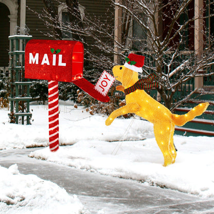 3.5 ft Christmas mailbox with dog, red glitter mailbox on striped post, 120 warm LEDs on Tampa Home & Garden Store on Tampa Home & Garden Store